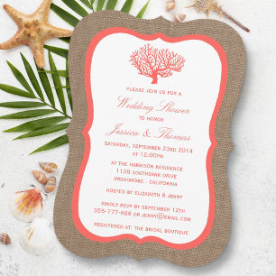 Coral on Burlap Boho Beach Wedding Dusche Einladung