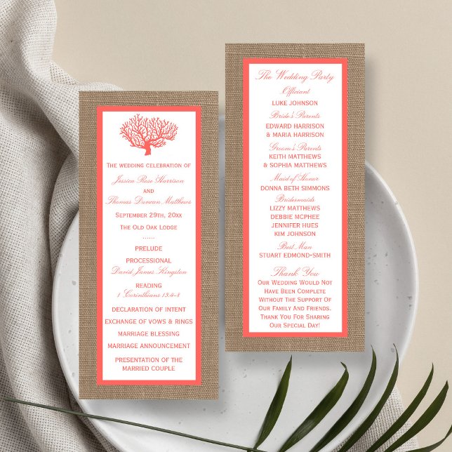 Coral on Burlap Boho Beach Wedding Program Werbekarte (Von Creator hochgeladen)