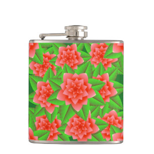 Coral Orange Camellias und grüne Blätter Flachmann