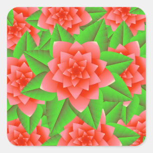 Coral Orange Camellias und grüne Blätter Quadratischer Aufkleber