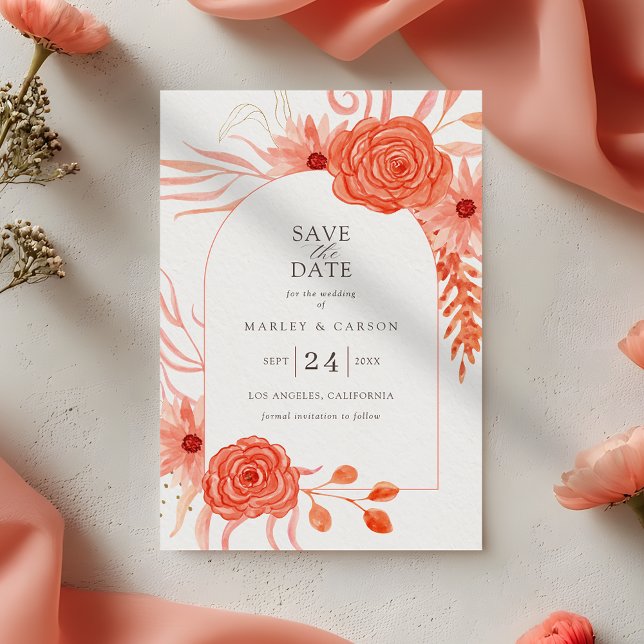 Coral Orange Floral Elegant Wedding Save The Date (Von Creator hochgeladen)