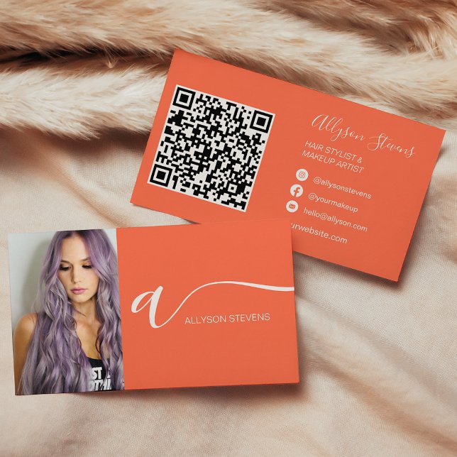 Coral orange hair makeup photo initial qr code visitenkarte (Neon pink hair makeup photo initial qr code business card on coral orange)