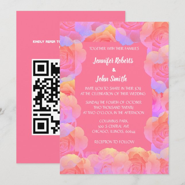 Coral Orange Lachs Pink Floral QR Code Hochzeit Einladung (Vorne/Hinten)