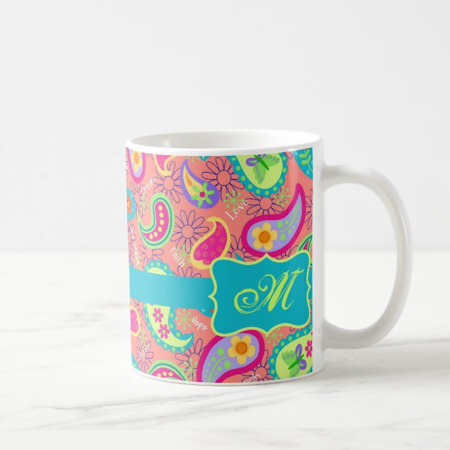Coral Orange Modern Paisley Muster Monogram Tasse (Rechts)