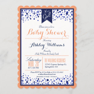 Coral Orange, White & Navy Blue Baby Dusche Einladung