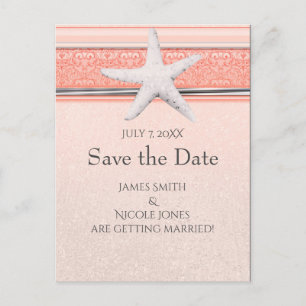 Coral Orange & White Starfish Beach Save the Date Ankündigungspostkarte