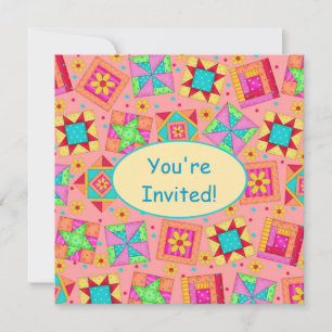 Coral Orange Yellow Patchwork Quilt Block Art Einladung