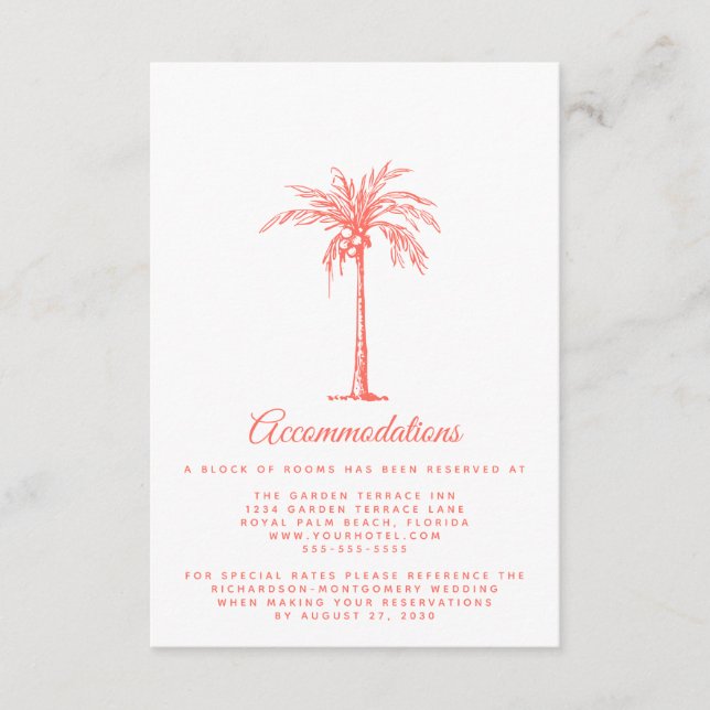 Coral Palm Tree Beach Hochzeitsunterkünfte Begleitkarte (Vorderseite)