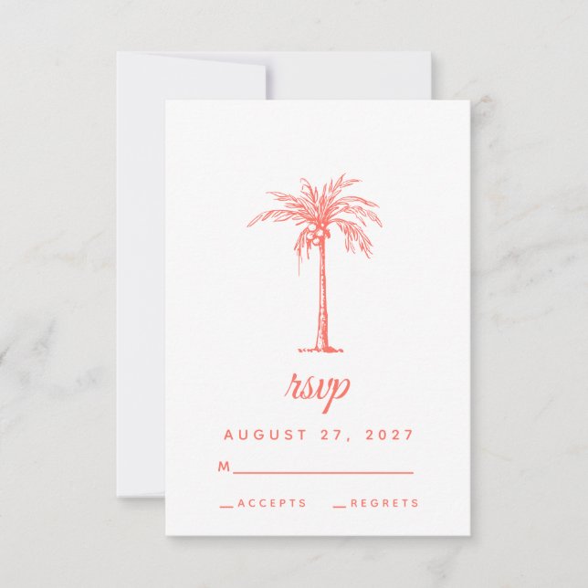 Coral Palm Tree Tropical Beach Wedding RSVP Karte (Vorderseite)