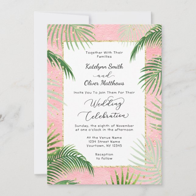 Coral Palms Tropical Botanical Gold Foil Wedding Einladung (Vorderseite)