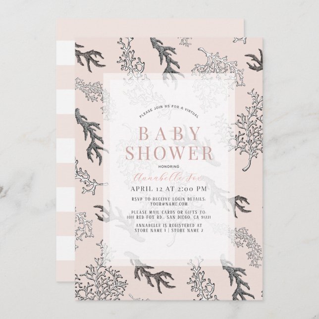 Coral Pattern Light Pink Girl Virtual Baby Dusche Einladung (Vorne/Hinten)