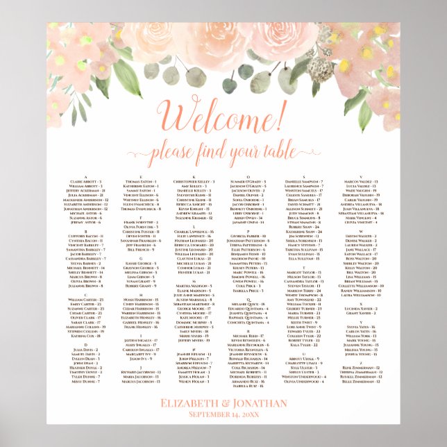 Coral Peach Boho Floral Alphabetisch Seekarte Poster (Vorne)