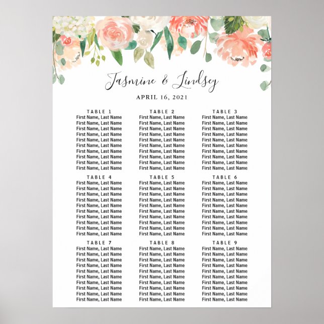 Coral Peach Floral 9 Tische Hochzeitstabelle Poster (Vorne)