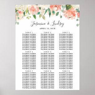 Coral Peach Floral 9 Tische Hochzeitstabelle Poster