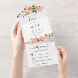 Coral Peach Floral Blume Wedding RSVP All In One Einladung