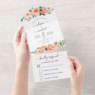 Coral Peach Floral Blume Wedding RSVP All In One Einladung