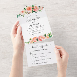 Coral Peach Floral Blume Wedding RSVP All In One Einladung
