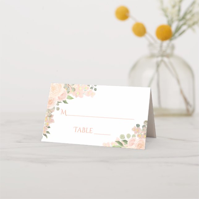 Coral Peach floral Elegant Hochzeitstil Platzkarte (Vorderseite)