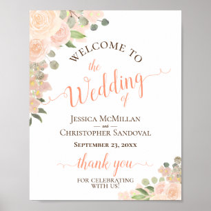 Coral Peach floral Elegante Hochzeit Begrüßungszei Poster