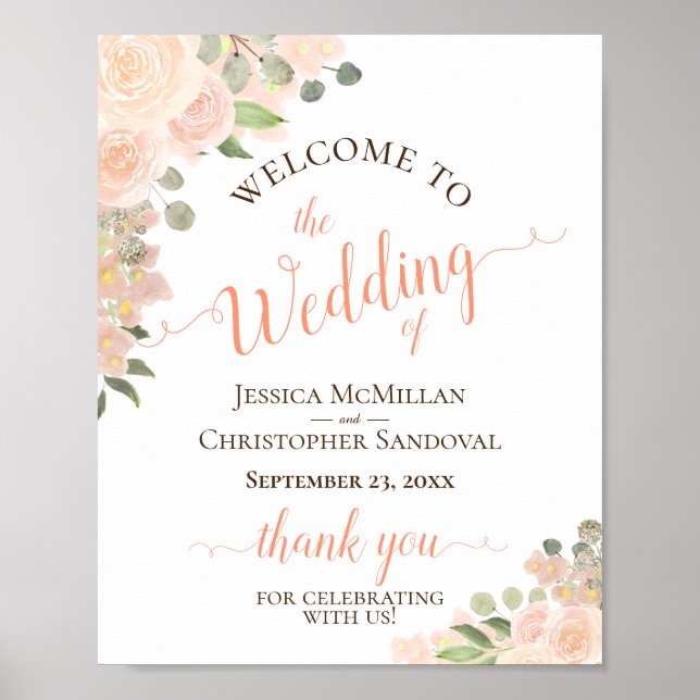 Coral Peach floral Elegante Hochzeit Begrüßungszei Poster (Vorne)