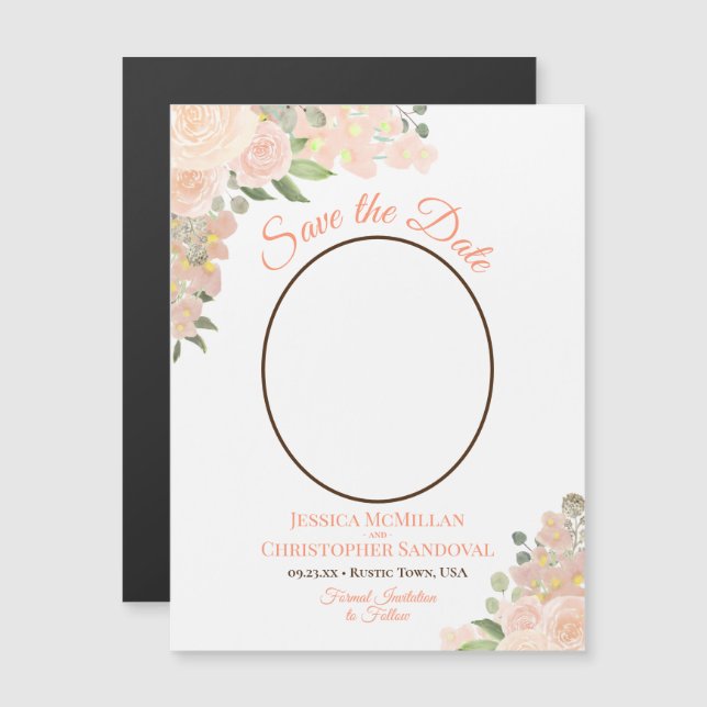 Coral Peach Floral Save the Date Oval Foto Magnet (Vorne/Hinten)