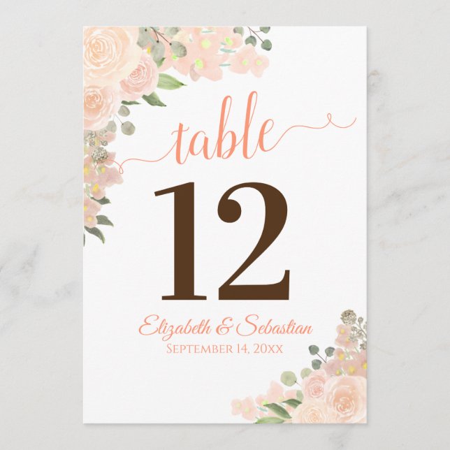 Coral Peach floral Wedding Tischnummer Card Groß (Vorderseite)