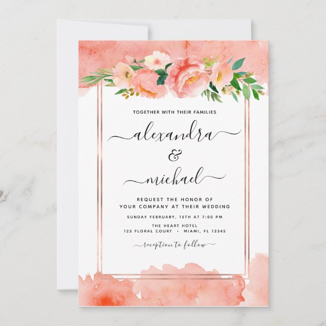 Coral Peach Foto Floral Geometric Wedding Einladung (Vorderseite)