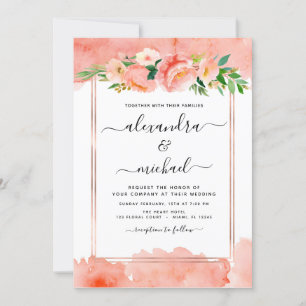 Coral Peach Foto Floral Geometric Wedding Einladung