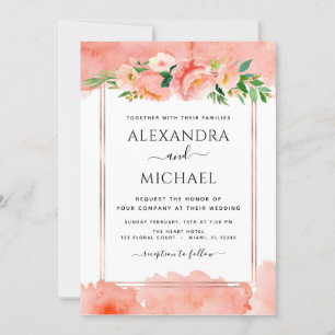 Coral Peach Foto Floral Geometric Wedding Einladung