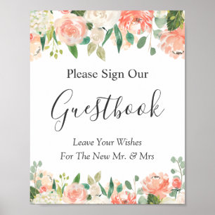 Coral Peach Garden Floral Wedding Gästebuch Zeiche