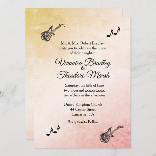 Coral Peach Gitarre Thema Hochzeit Einladung (Vorne/Hinten)