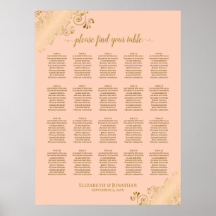 Coral Peach & Gold 20 Table Wedding Chart Poster