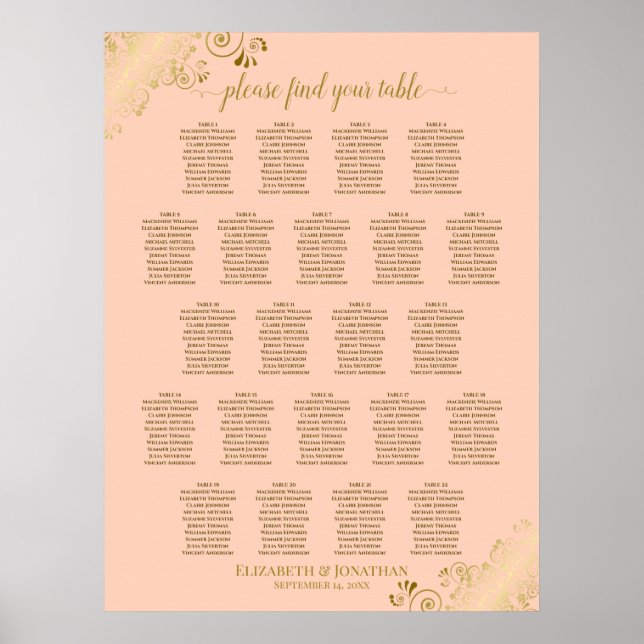 Coral Peach & Gold 22 Table Wedding Seating Chart Poster (Vorne)