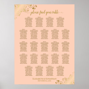 Coral Peach & Gold 23 Table Wedding Seating Chart Poster