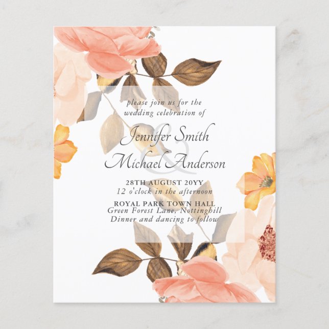Coral Peach Gold Bronze Floral Wedding Einladungen (Vorderseite)