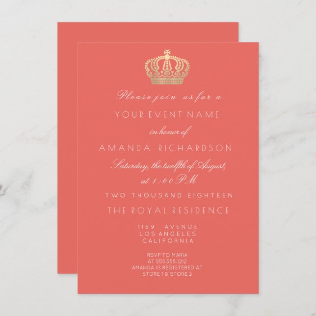 Coral Peach Golden Crown Royal Glitzer 16. Bridal Einladung (Vorne/Hinten)