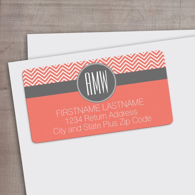 Coral Peach Gray Chevrons Custom Triple Monogram Adressaufkleber (Custom Address Label)