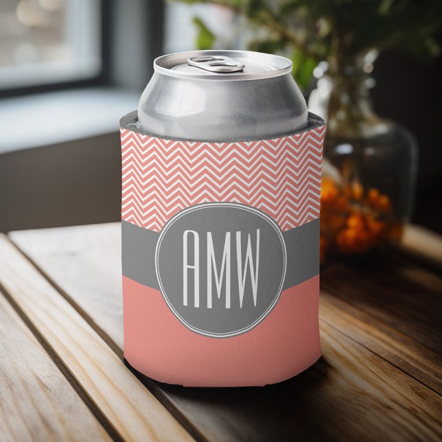 Coral Peach Gray Chevrons Custom Triple Monogram Dosenkühler (Celebrate with a personalized can cooler - add your name or monogram. Great party favor or gift)
