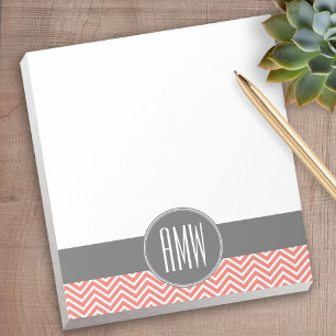 Coral Peach Gray Chevrons Custom Triple Monogram Notizblock