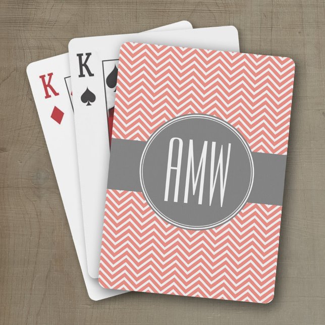 Coral Peach Gray Chevrons Custom Triple Monogram Spielkarten (Personalized playing cards)