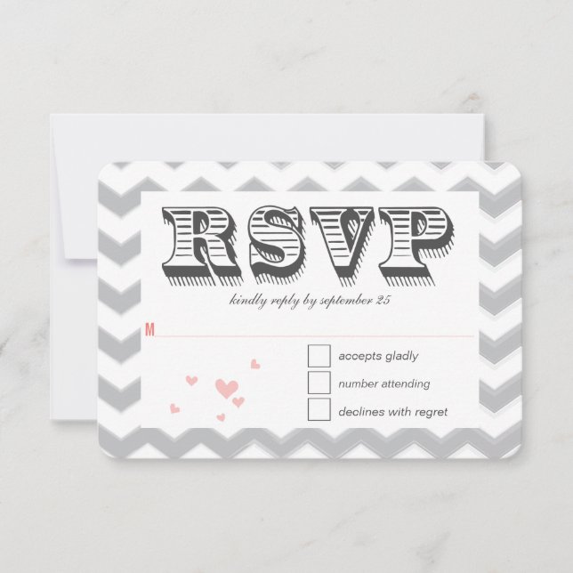Coral Peach Gray Zig Zag Typografie Wedding RSVP Einladung (Vorderseite)