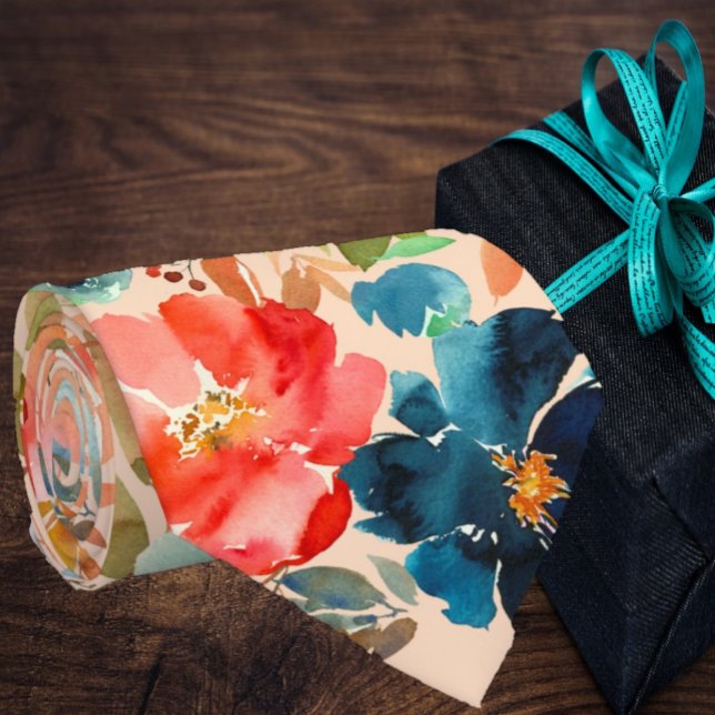 Coral Peach Indigo Navy Blue Rose Floral Neck Tie Krawatte (Von Creator hochgeladen)