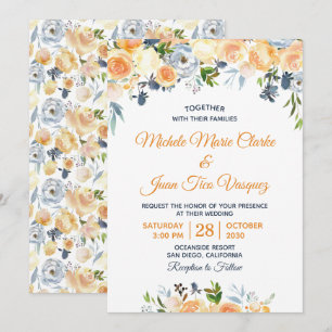 Coral Peach Navy Blue Watercolor Floral Wedding Einladung