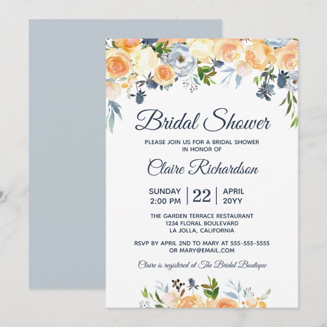 Coral Peach Navy Brautparty Einladung (Vorne/Hinten)