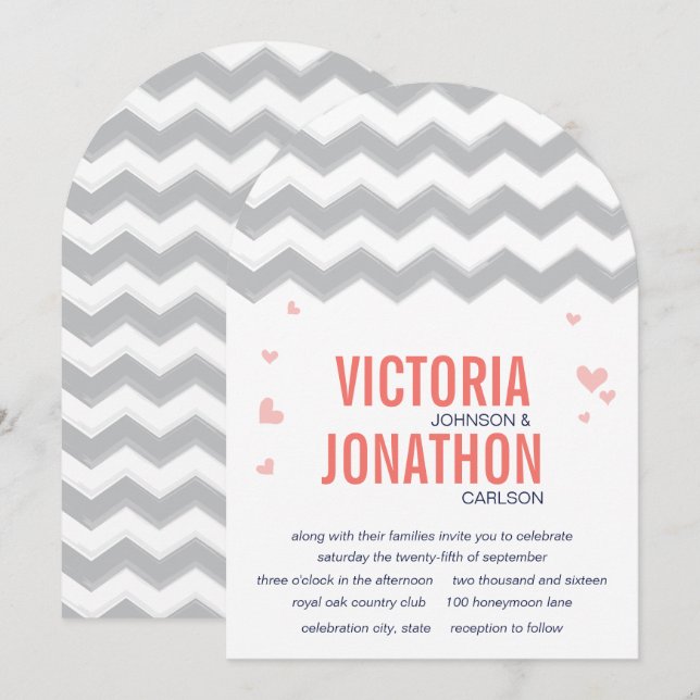 Coral Peach Navy Gray Zig Zag Typografy Wedding Einladung (Vorne/Hinten)