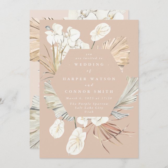 Coral Peach Pampas Grass Floral Tropischer Jungle Einladung (Vorne/Hinten)