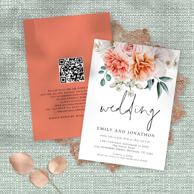 Coral Peach Peonies Florals Script Wedding Einladung (Front and back view)