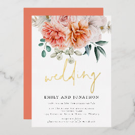 Coral Peach Peonies Florals Script Wedding Folieneinladung