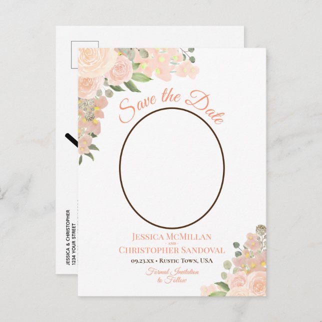 Coral Peach Rose Oval Foto Hochzeit Speichern Sie  Ankündigungspostkarte (Vorne/Hinten)