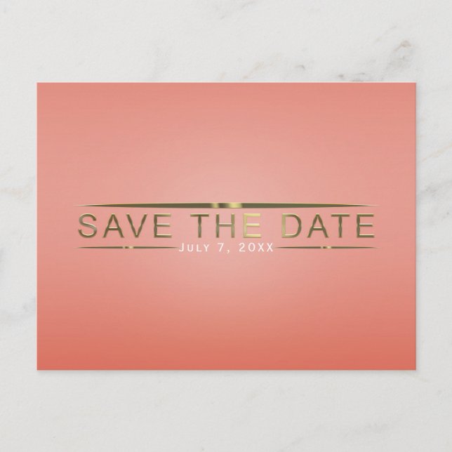 Coral Peach & Shiny Gold Modern Save the Date Ankündigungspostkarte (Vorderseite)